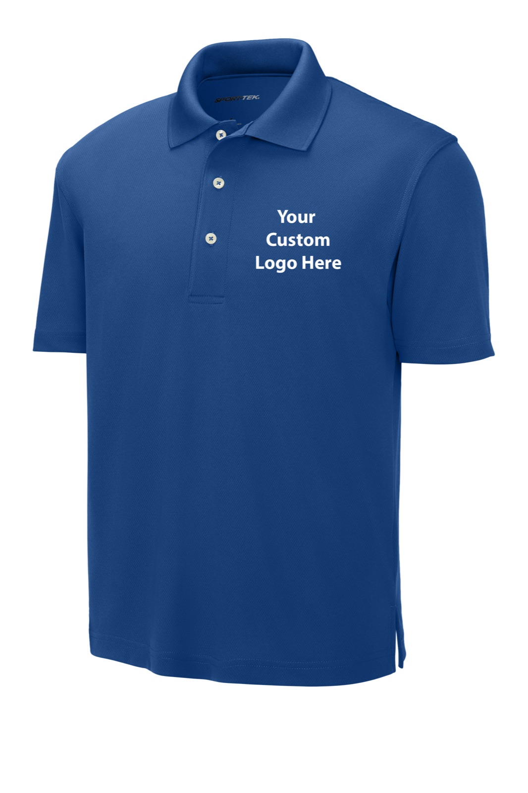 Blue polo shirt with custom logo placement for embroidered shirts
